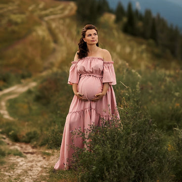 MQTIME  -  Women Boho Dress Comfortable Linen Cotton Maternity Clothing Vintage  Short Sleeve Dress For Pregnancy Photo Shoot